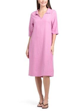 4 OUR DREAMERS Linen Blend V-neck Three-quarter Sleeve Midi Dress